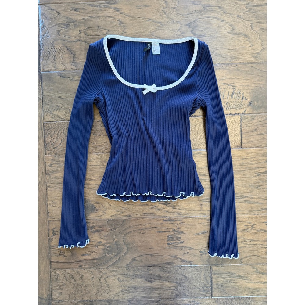 H&M‎ Divided Ribbed Long Sleeve Top Bow Lettuce Edge Coquette M Y2K
